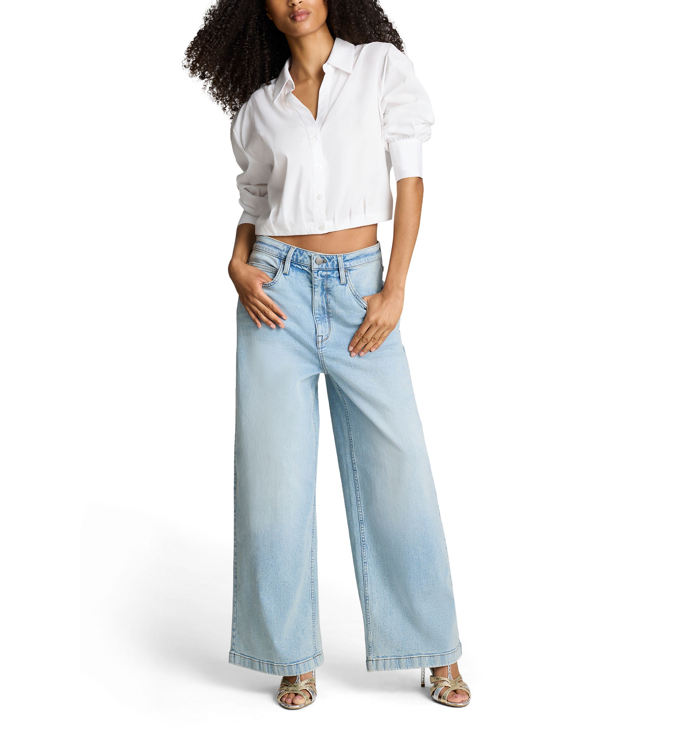 Womens Puff Sleeve Button Front Top
