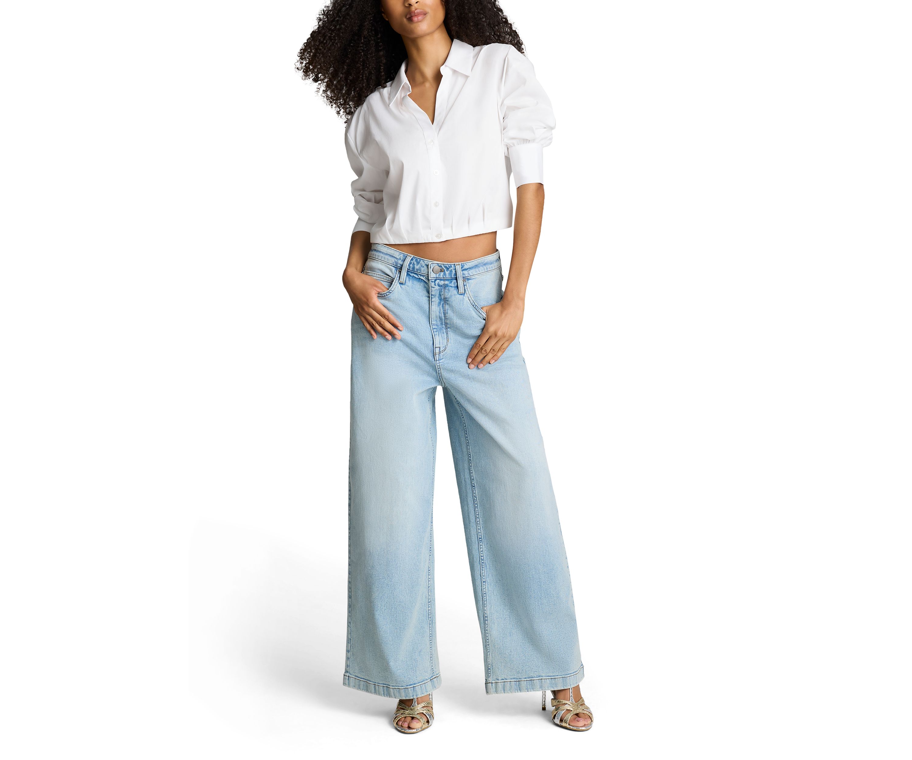 Womens Puff Sleeve Button Front Top