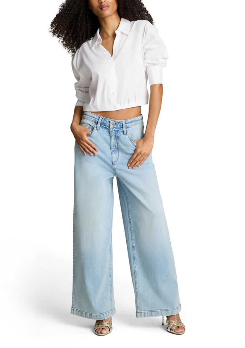 Womens Puff Sleeve Button Front Top