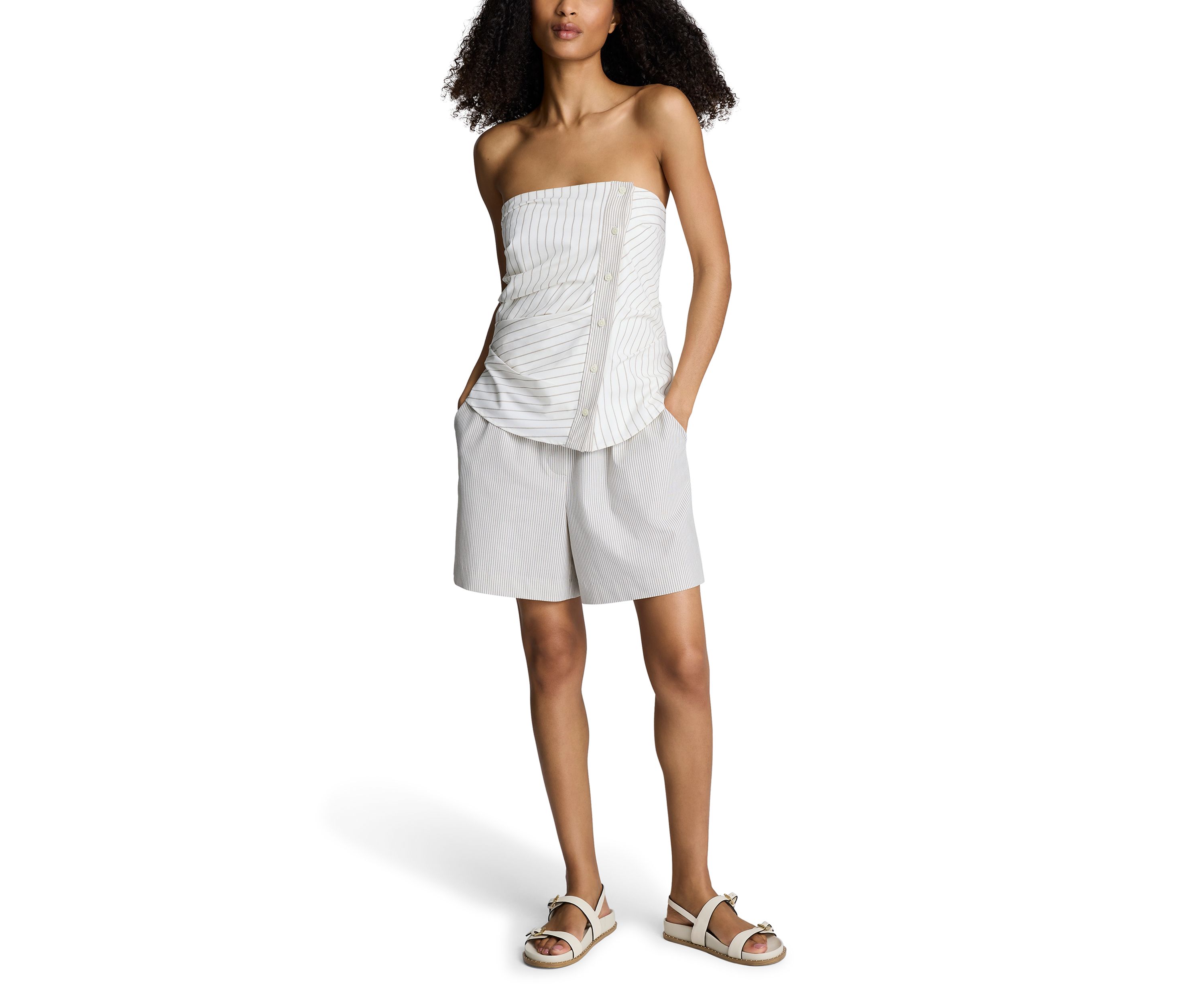 Womens Asymmetrical Button Stripe Bustier Top