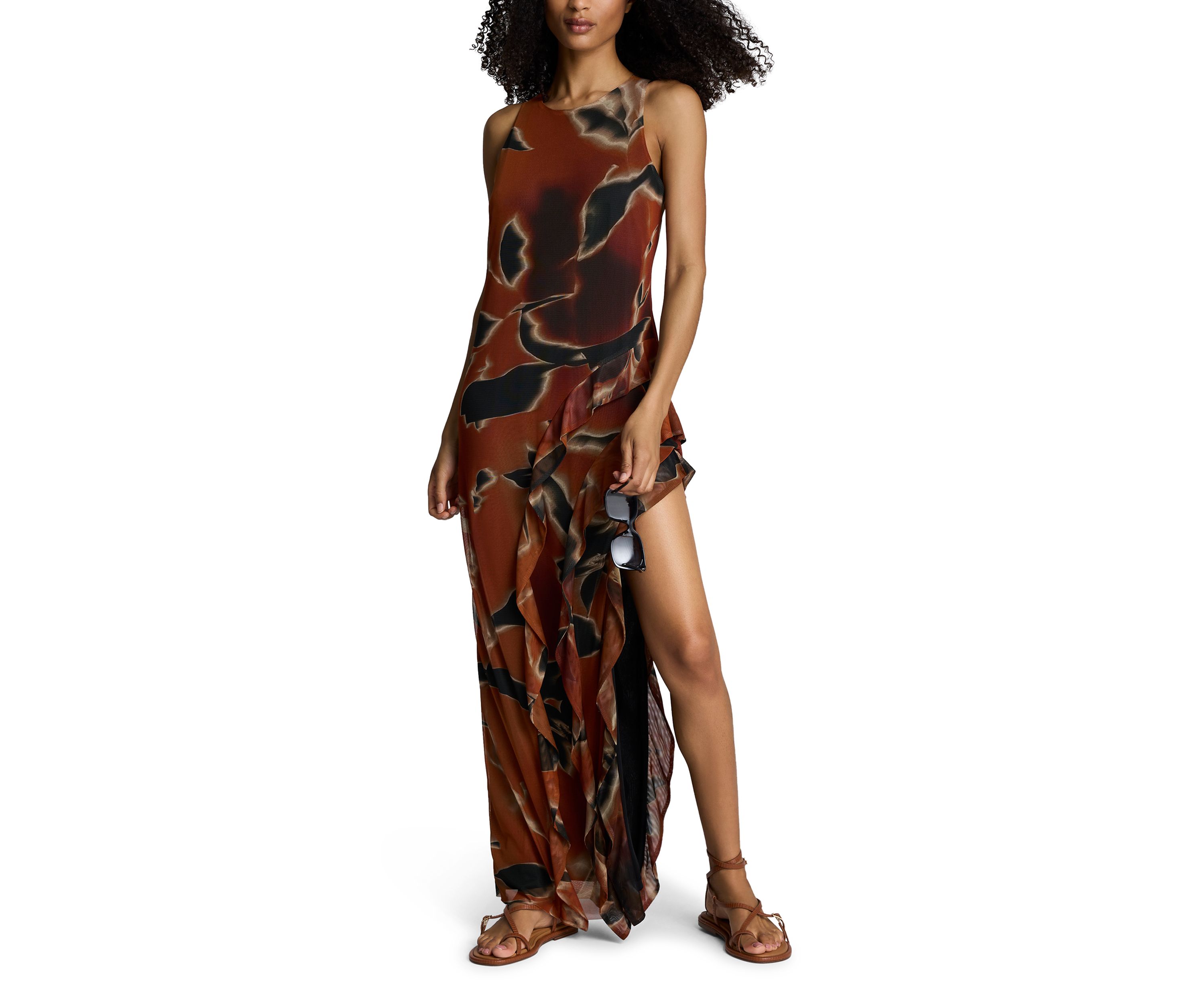 Womens Sleeveless Side Floral Ruffle Mesh Dress