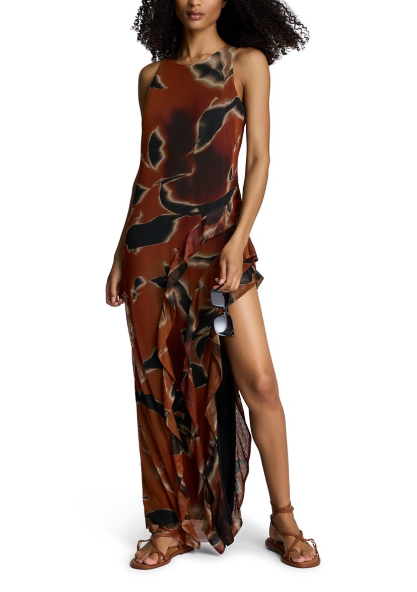 Womens Sleeveless Side Floral Ruffle Mesh Dress