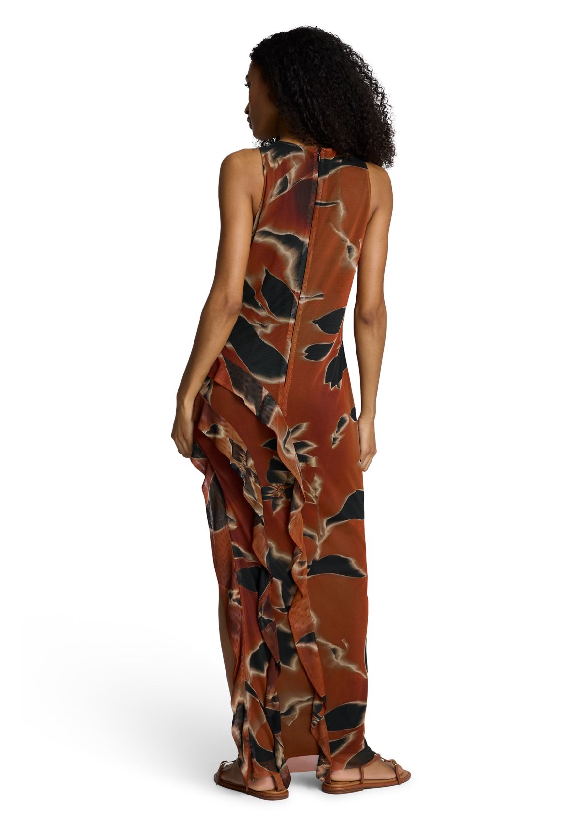 Womens Sleeveless Side Floral Ruffle Mesh Dress