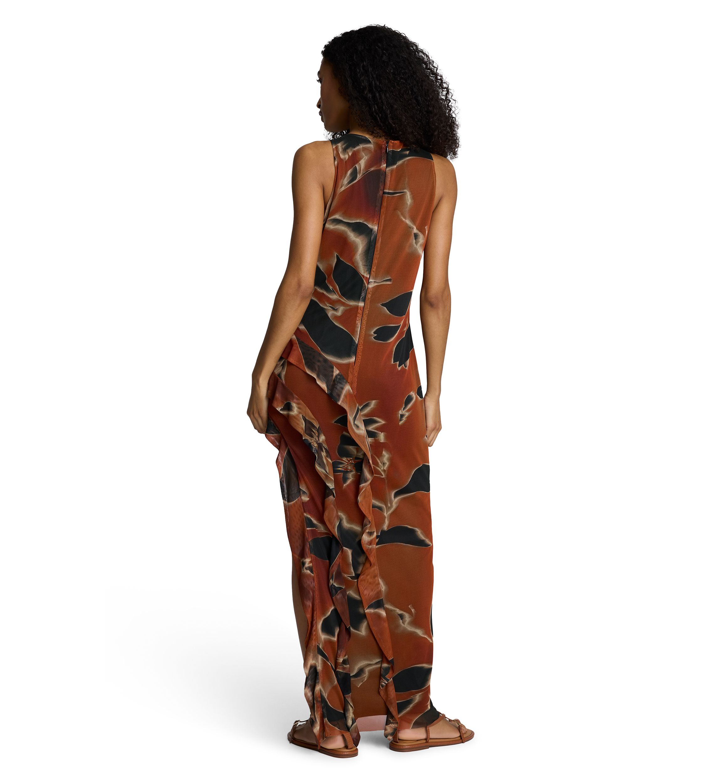 Womens Sleeveless Side Floral Ruffle Mesh Dress