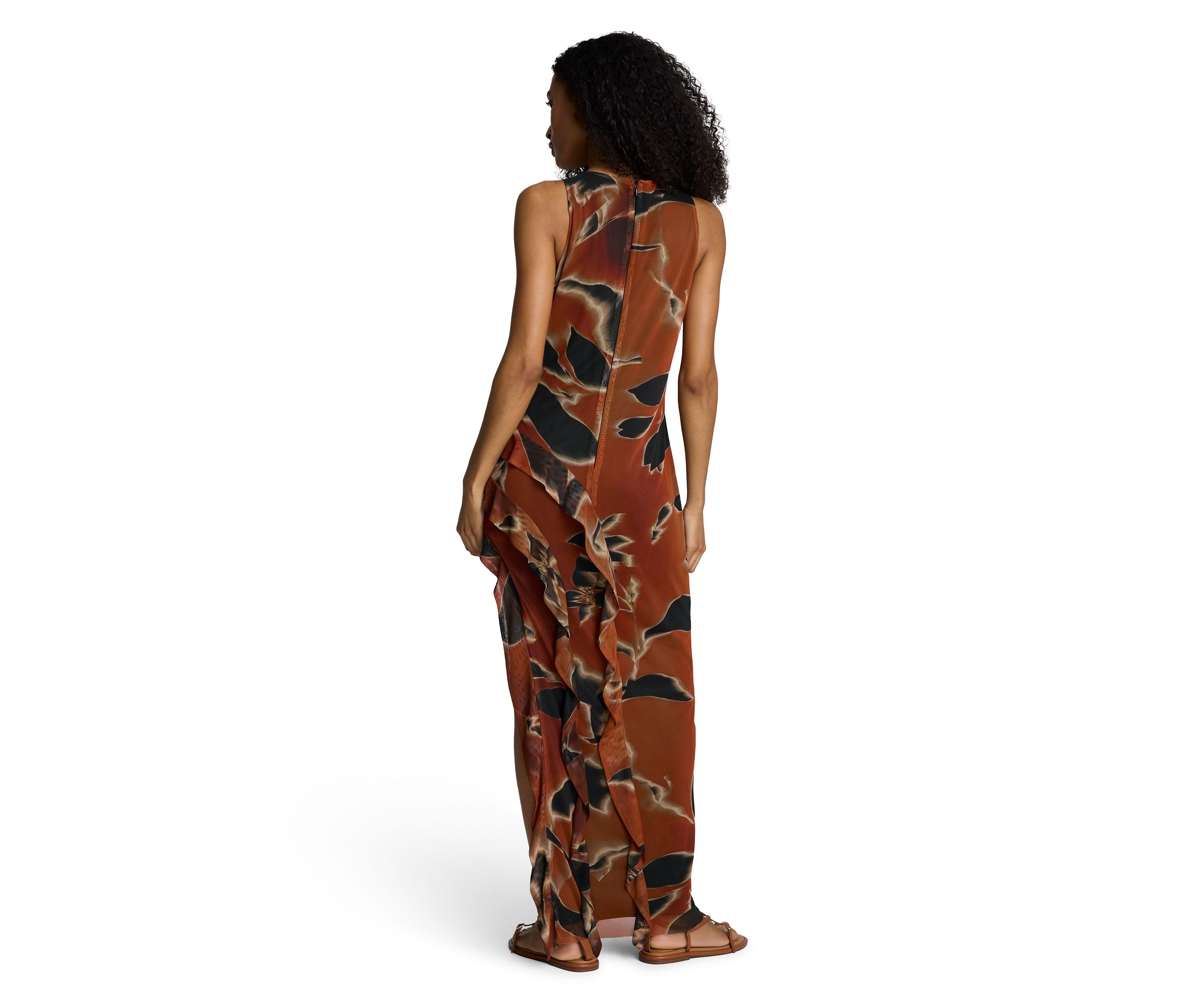 Womens Sleeveless Side Floral Ruffle Mesh Dress