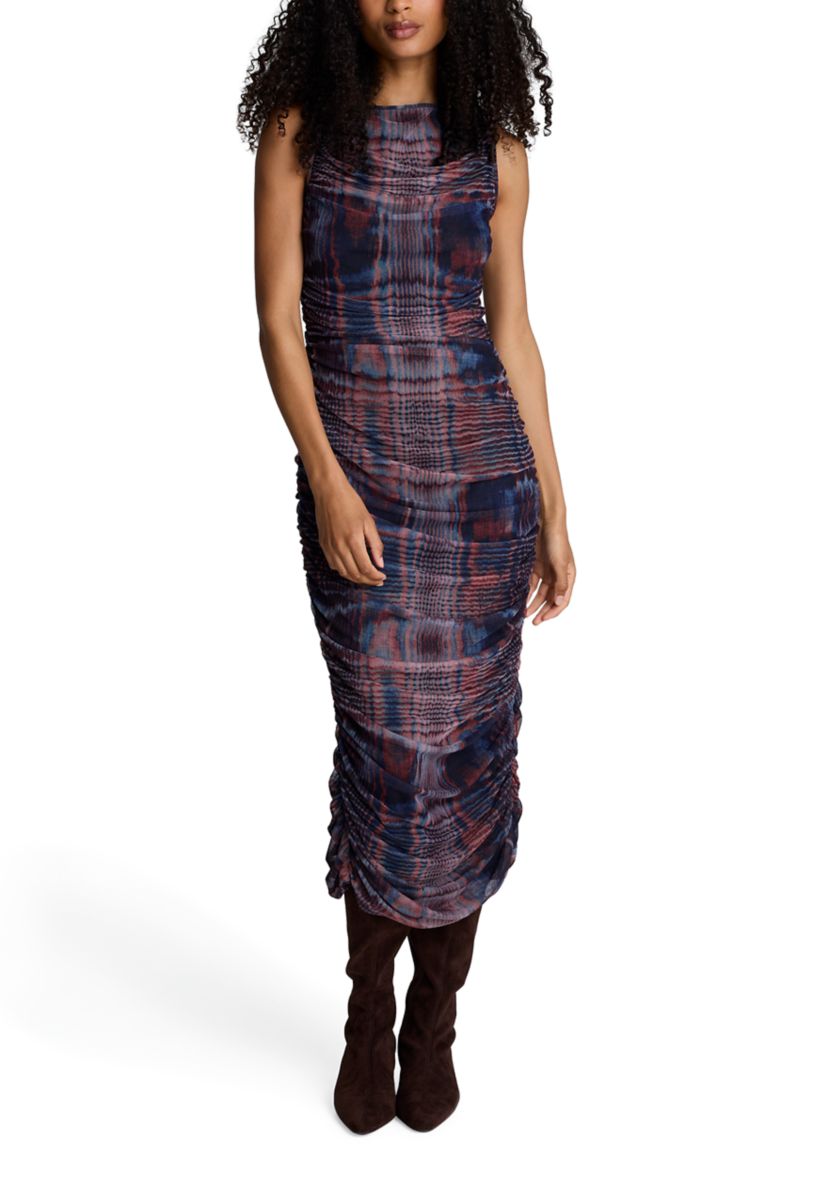 Womens Sleeveless Printed Ruched Mesh Dress