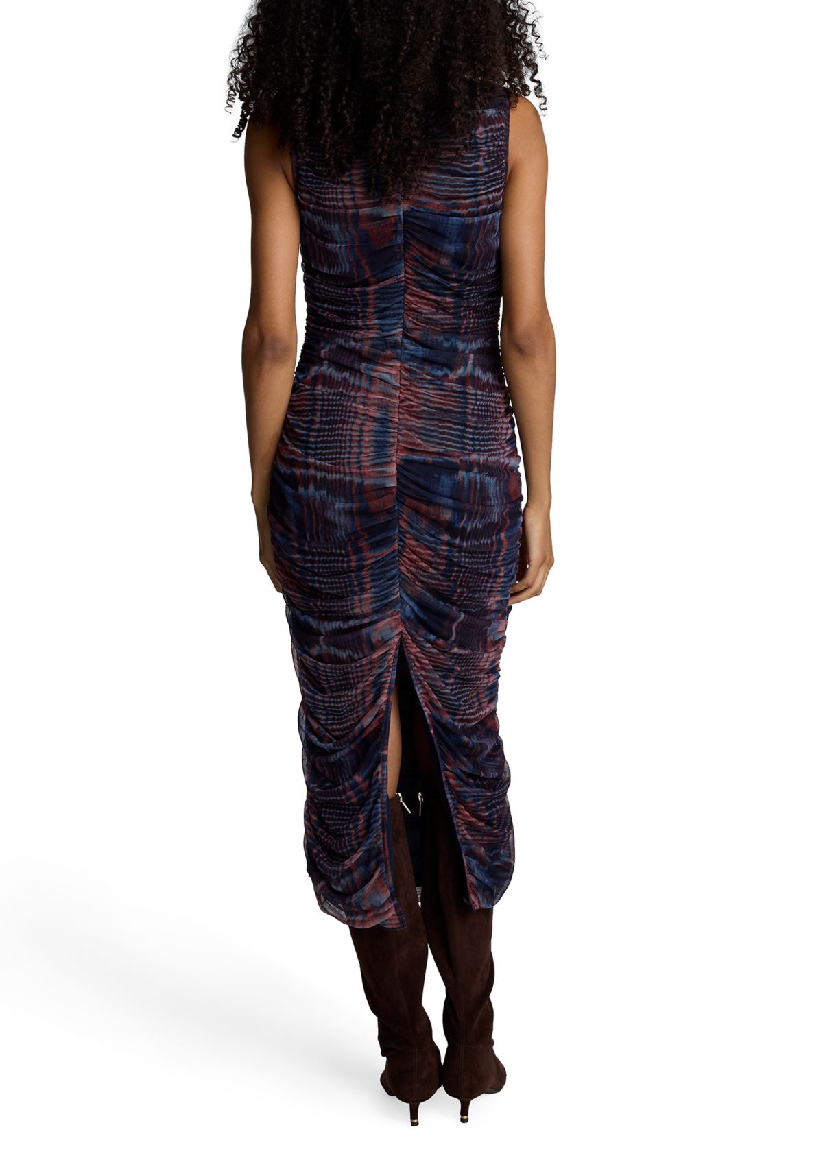Womens Sleeveless Printed Ruched Mesh Dress