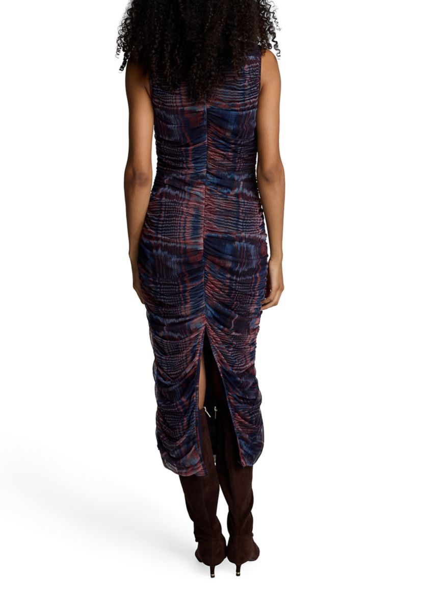 Womens Sleeveless Printed Ruched Mesh Dress