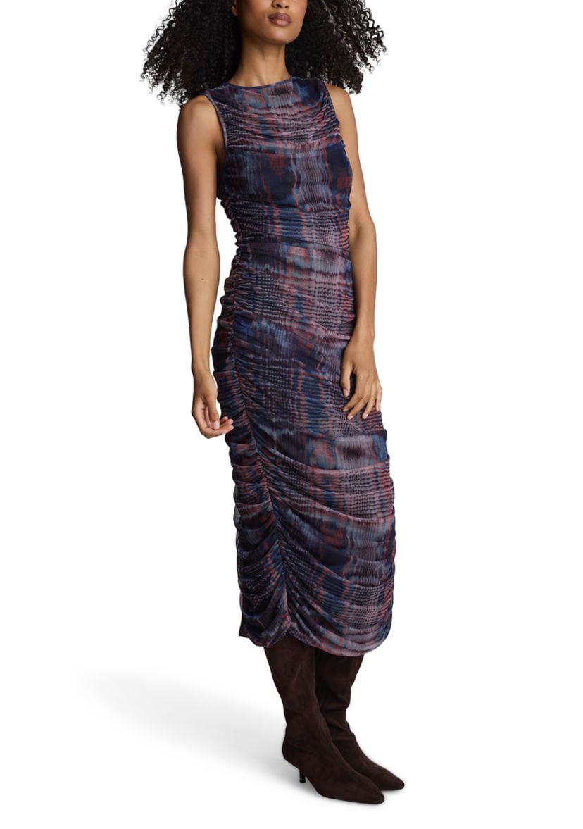 Womens Sleeveless Printed Ruched Mesh Dress
