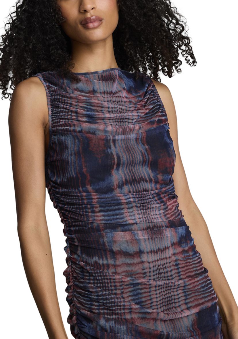 Womens Sleeveless Printed Ruched Mesh Dress