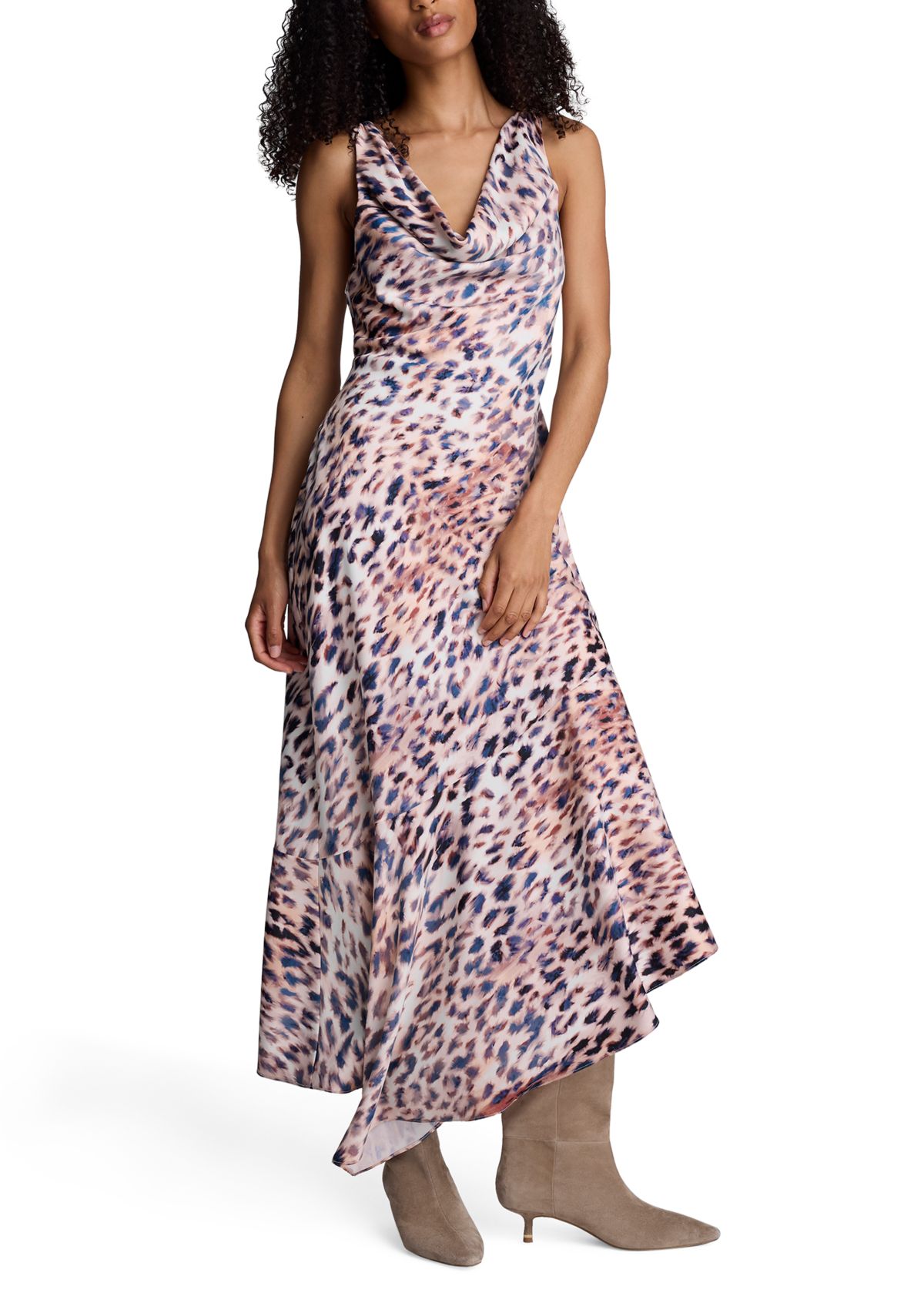 Womens Sleeveless Cowl Neck Animal Print Asymmetrical Dress