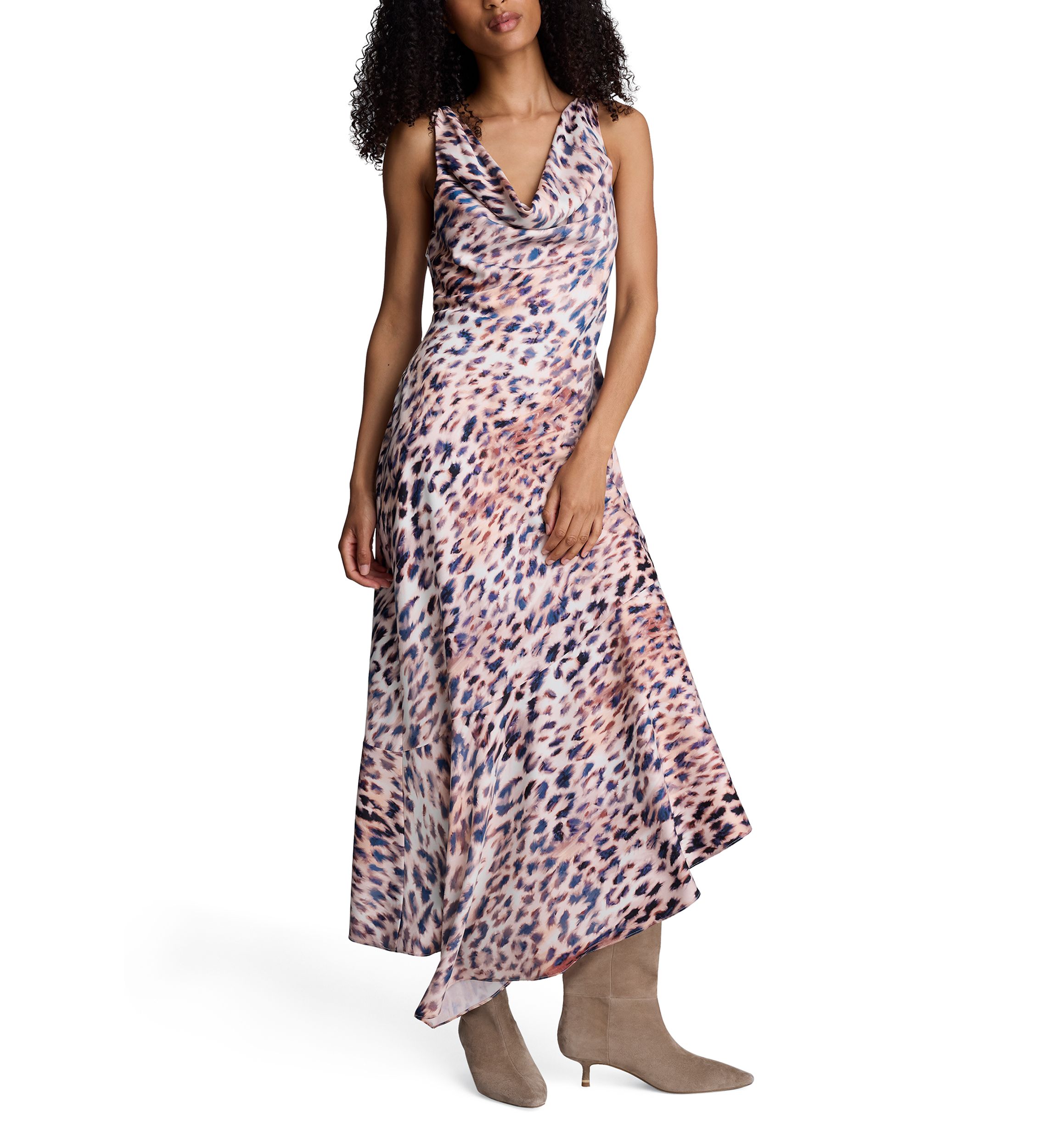 Womens Sleeveless Cowl Neck Animal Print Asymmetrical Dress