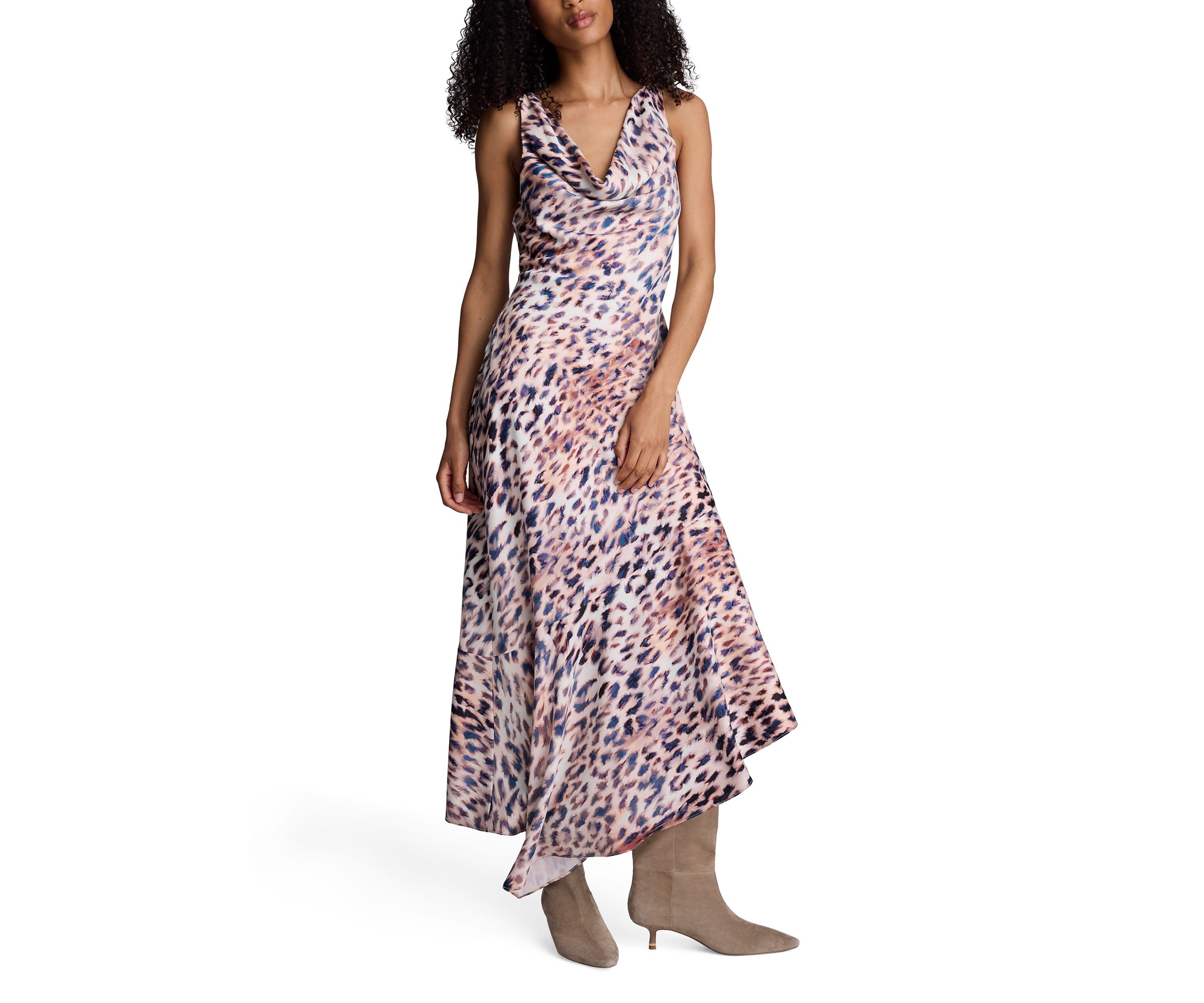Womens Sleeveless Cowl Neck Animal Print Asymmetrical Dress