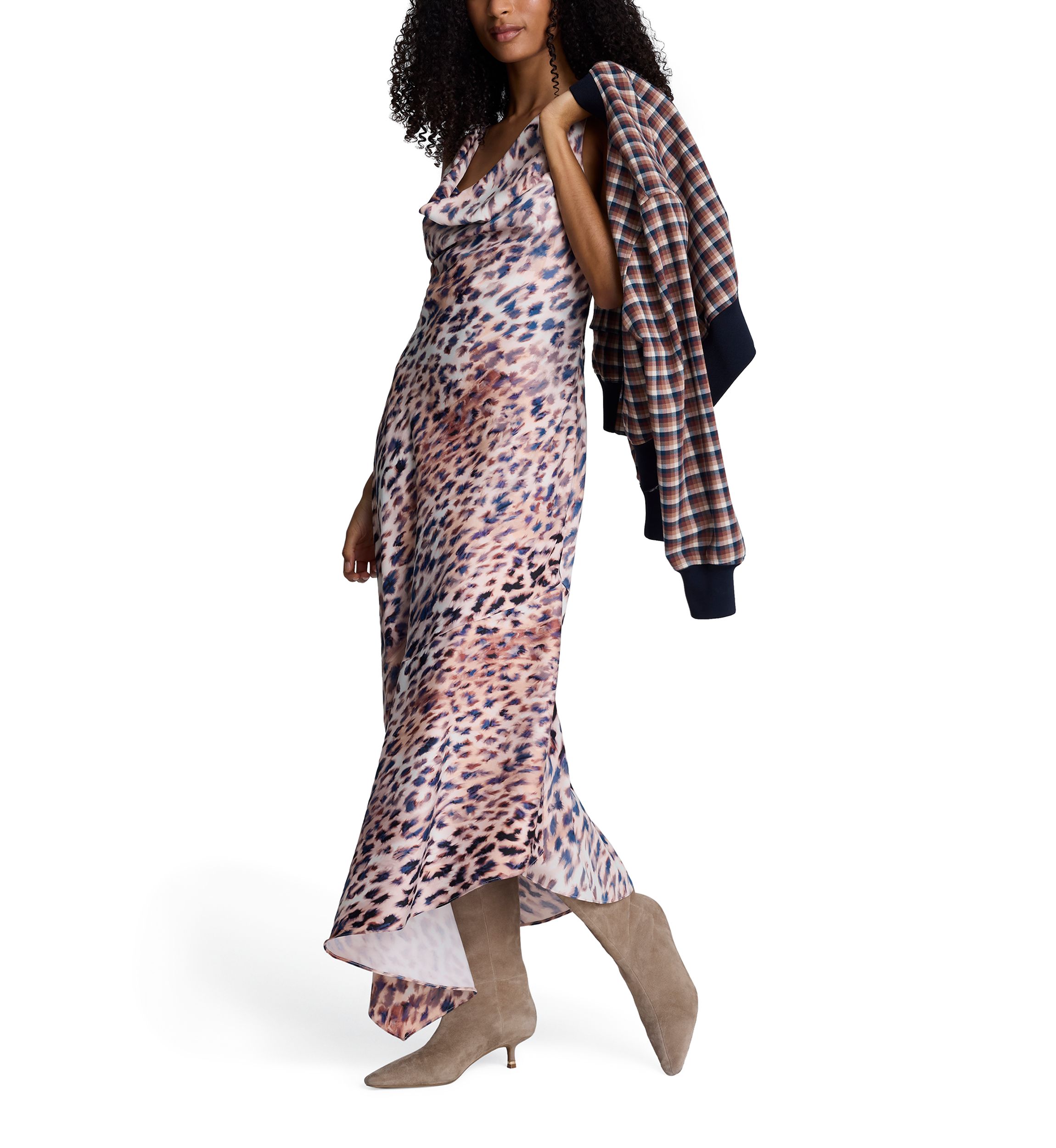 Womens Sleeveless Cowl Neck Animal Print Asymmetrical Dress