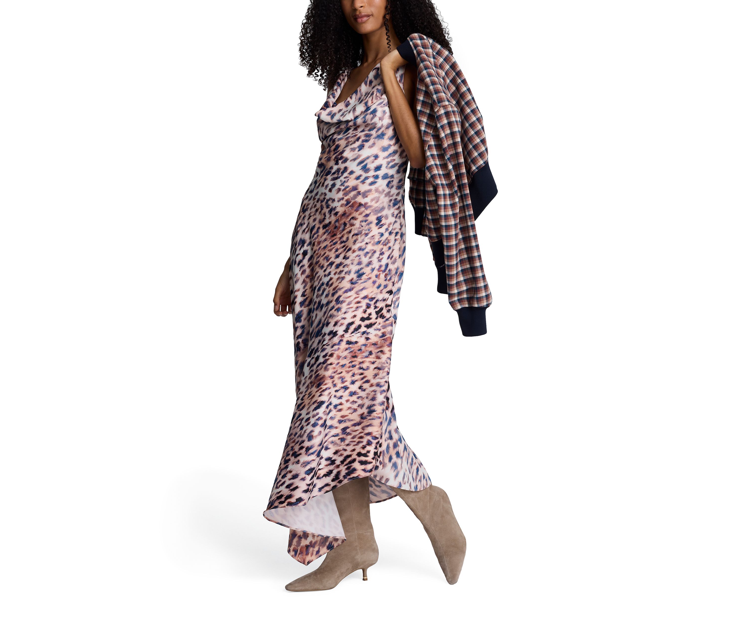 Womens Sleeveless Cowl Neck Animal Print Asymmetrical Dress