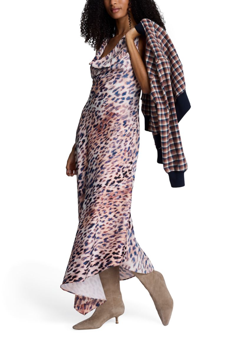Womens Sleeveless Cowl Neck Animal Print Asymmetrical Dress