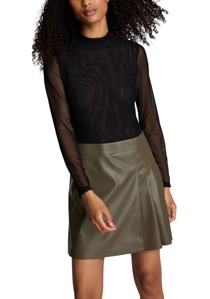 Womens Long Sleeve Mock Neck 2Fer Vegan Leather Dress