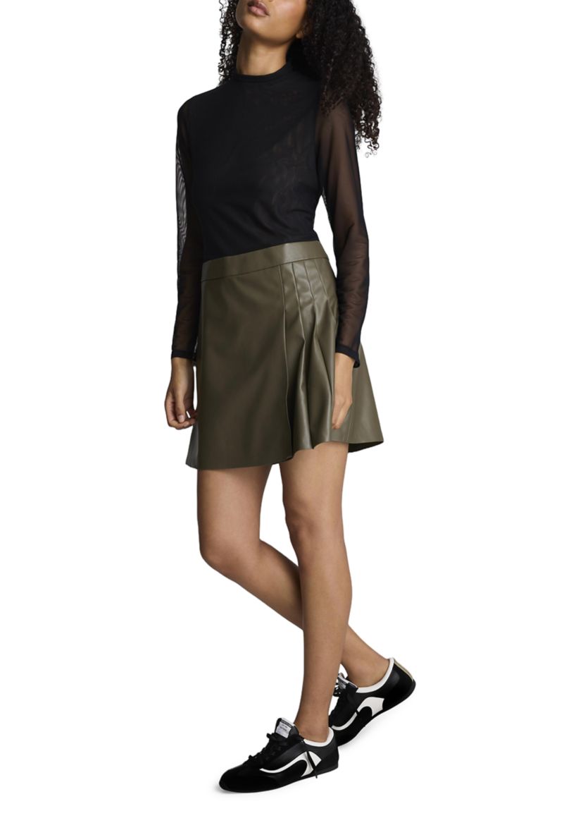 Womens Long Sleeve Mock Neck 2Fer Vegan Leather Dress
