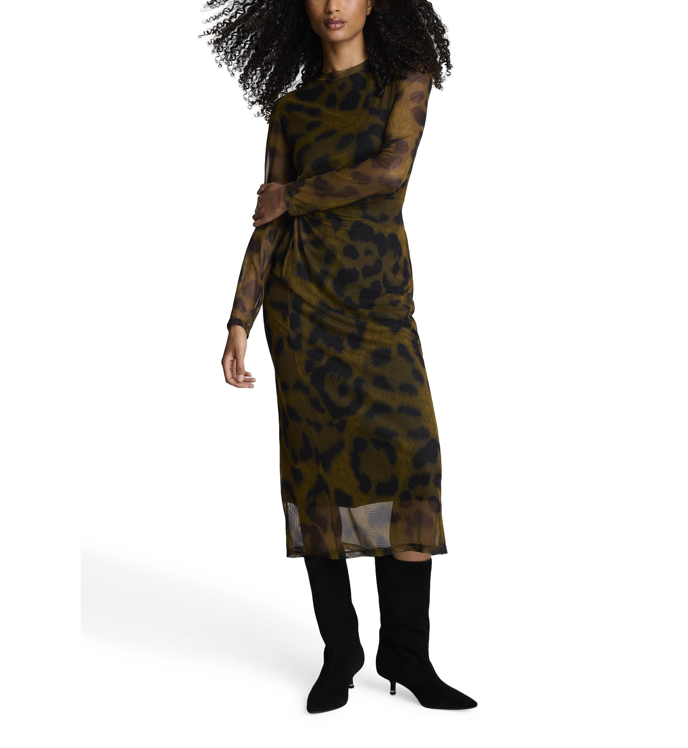 Womens Long Sleeve Animal Printed Mesh Midi Dress