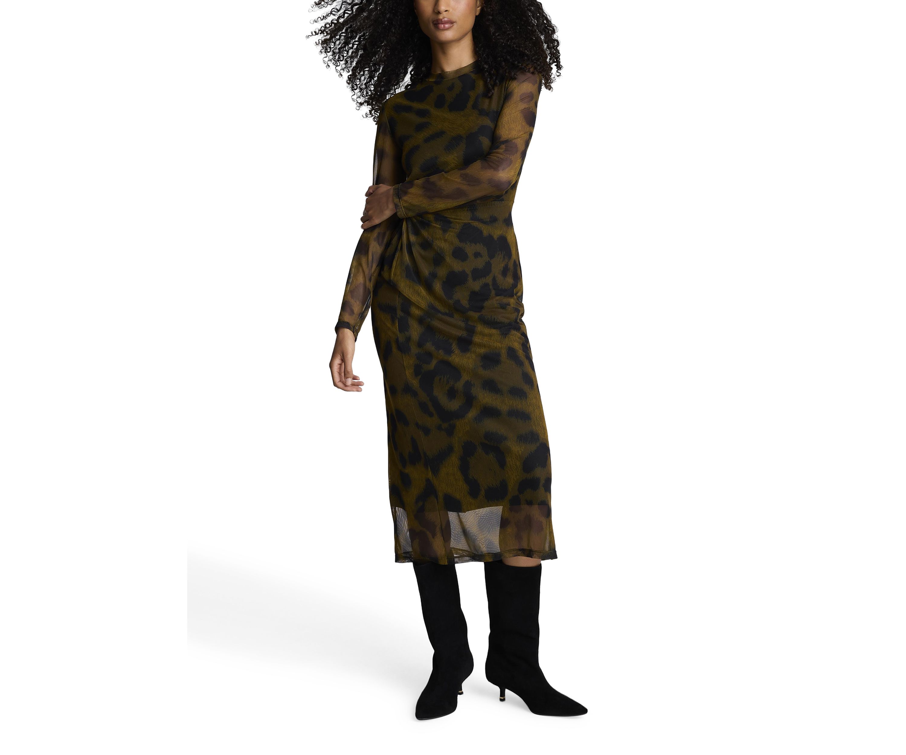 Womens Long Sleeve Animal Printed Mesh Midi Dress