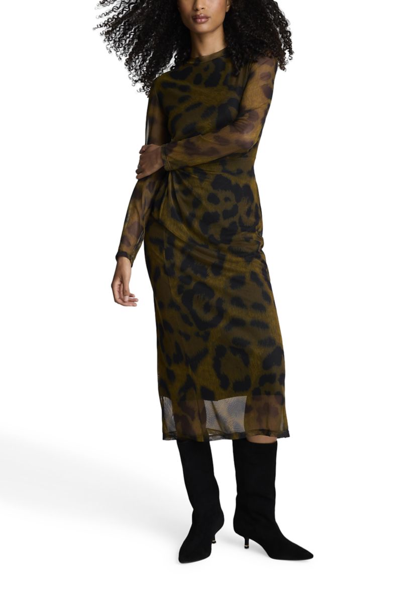 Womens Long Sleeve Animal Printed Mesh Midi Dress