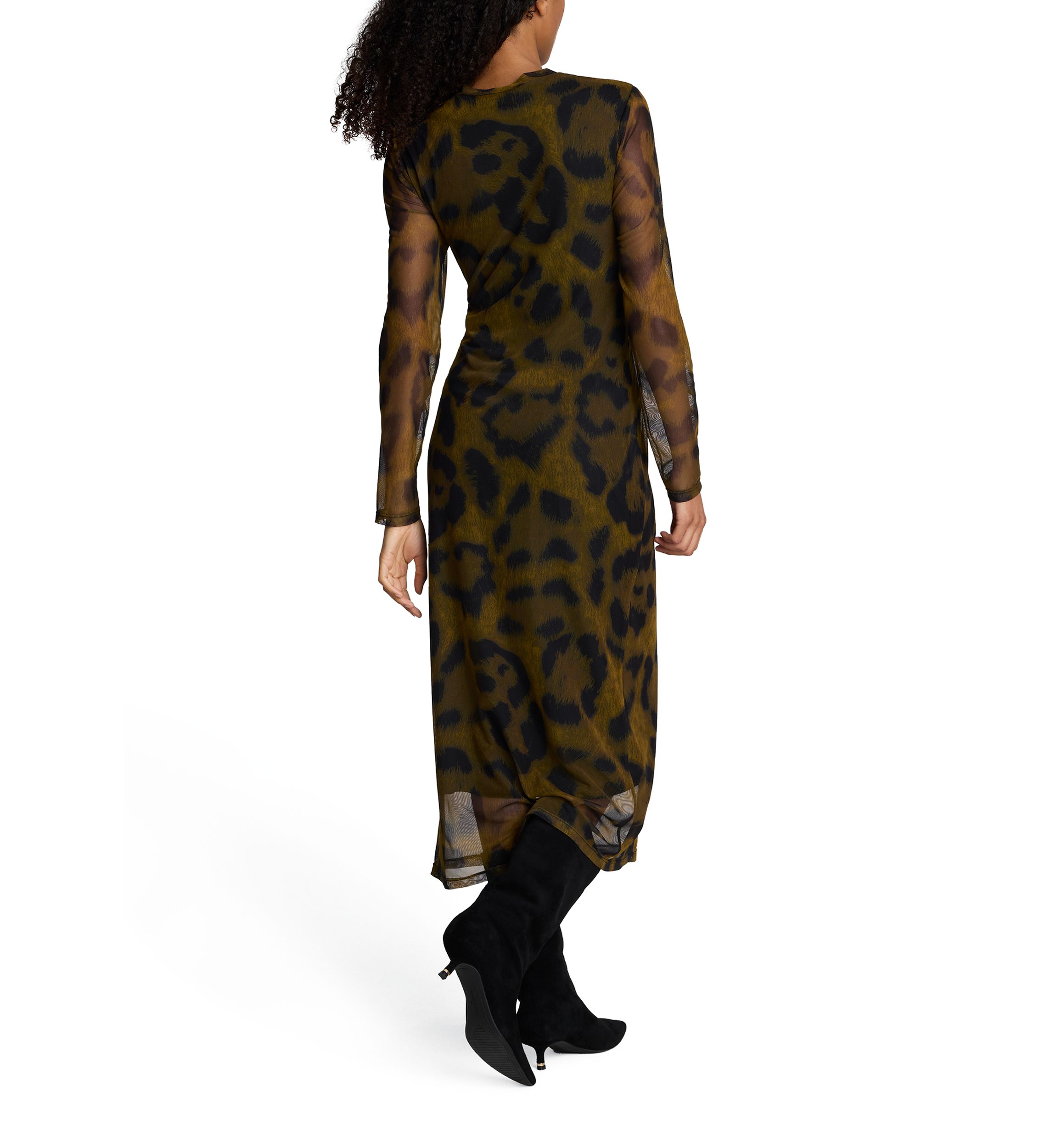 Womens Long Sleeve Animal Printed Mesh Midi Dress
