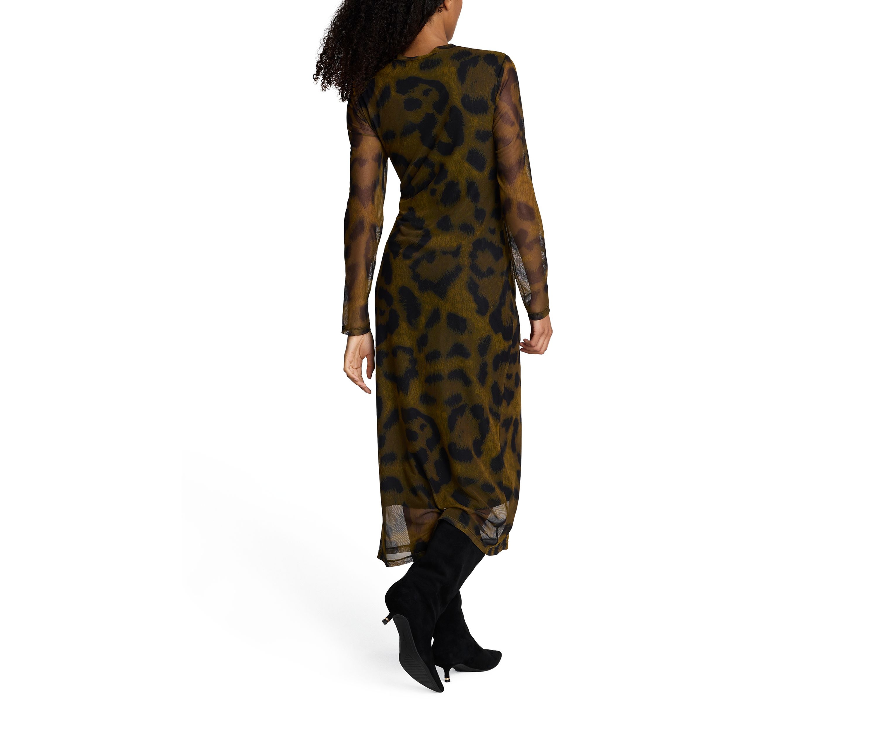 Womens Long Sleeve Animal Printed Mesh Midi Dress