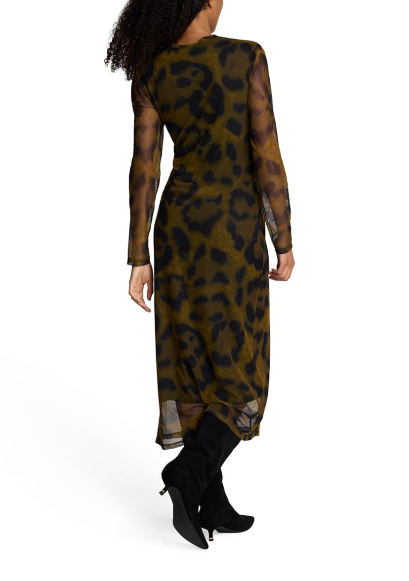 Womens Long Sleeve Animal Printed Mesh Midi Dress