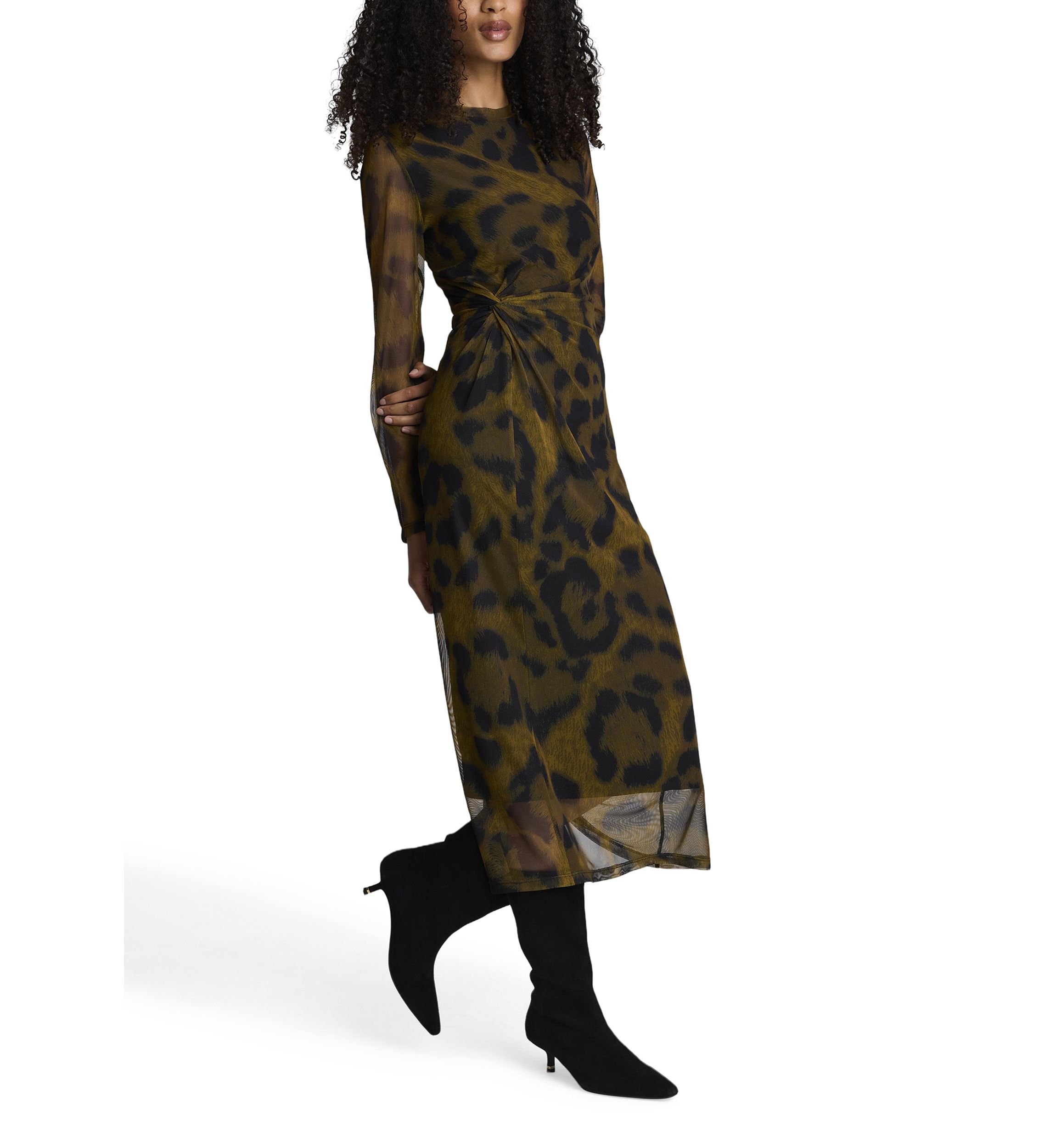 Womens Long Sleeve Animal Printed Mesh Midi Dress