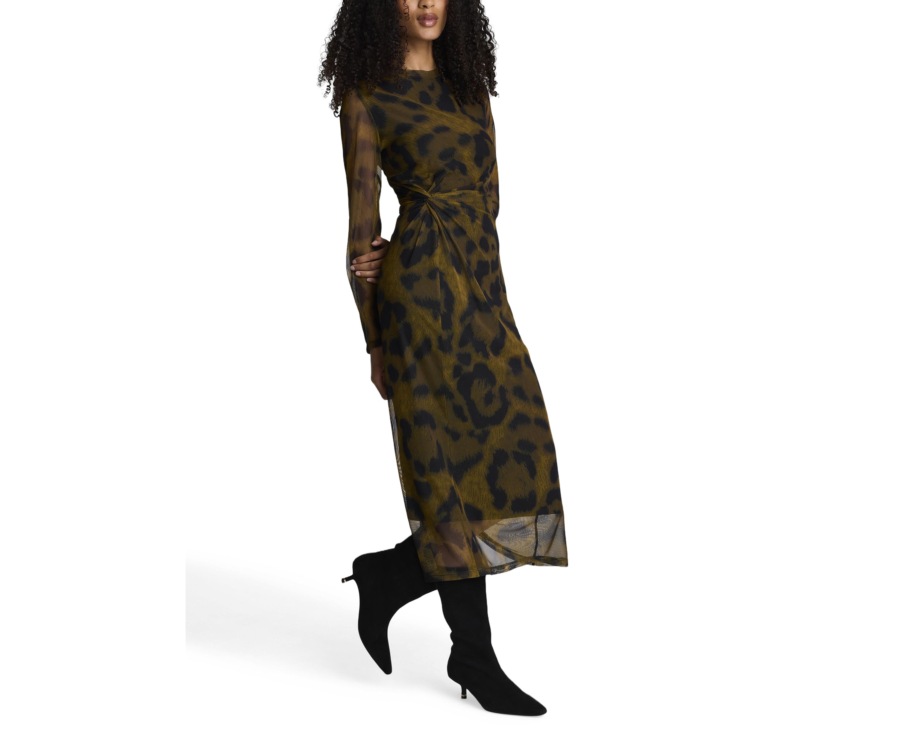 Womens Long Sleeve Animal Printed Mesh Midi Dress