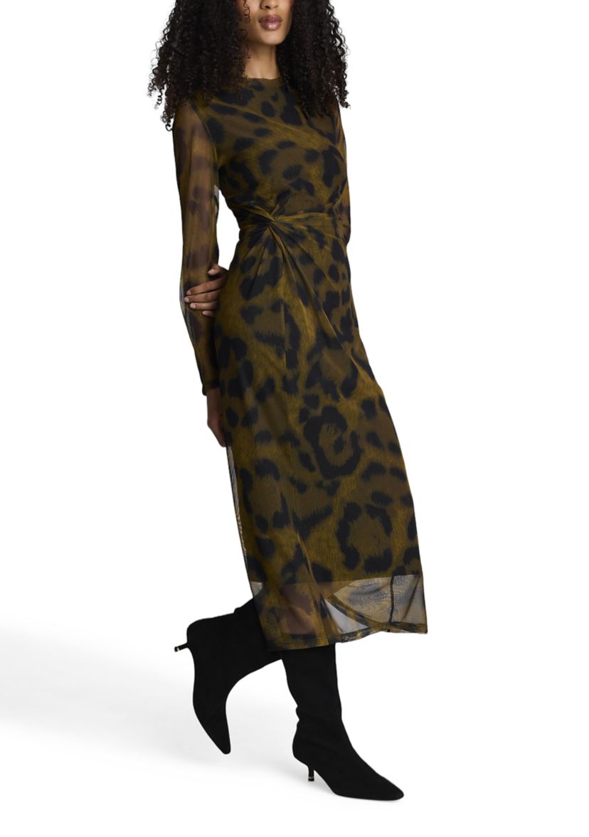 Womens Long Sleeve Animal Printed Mesh Midi Dress