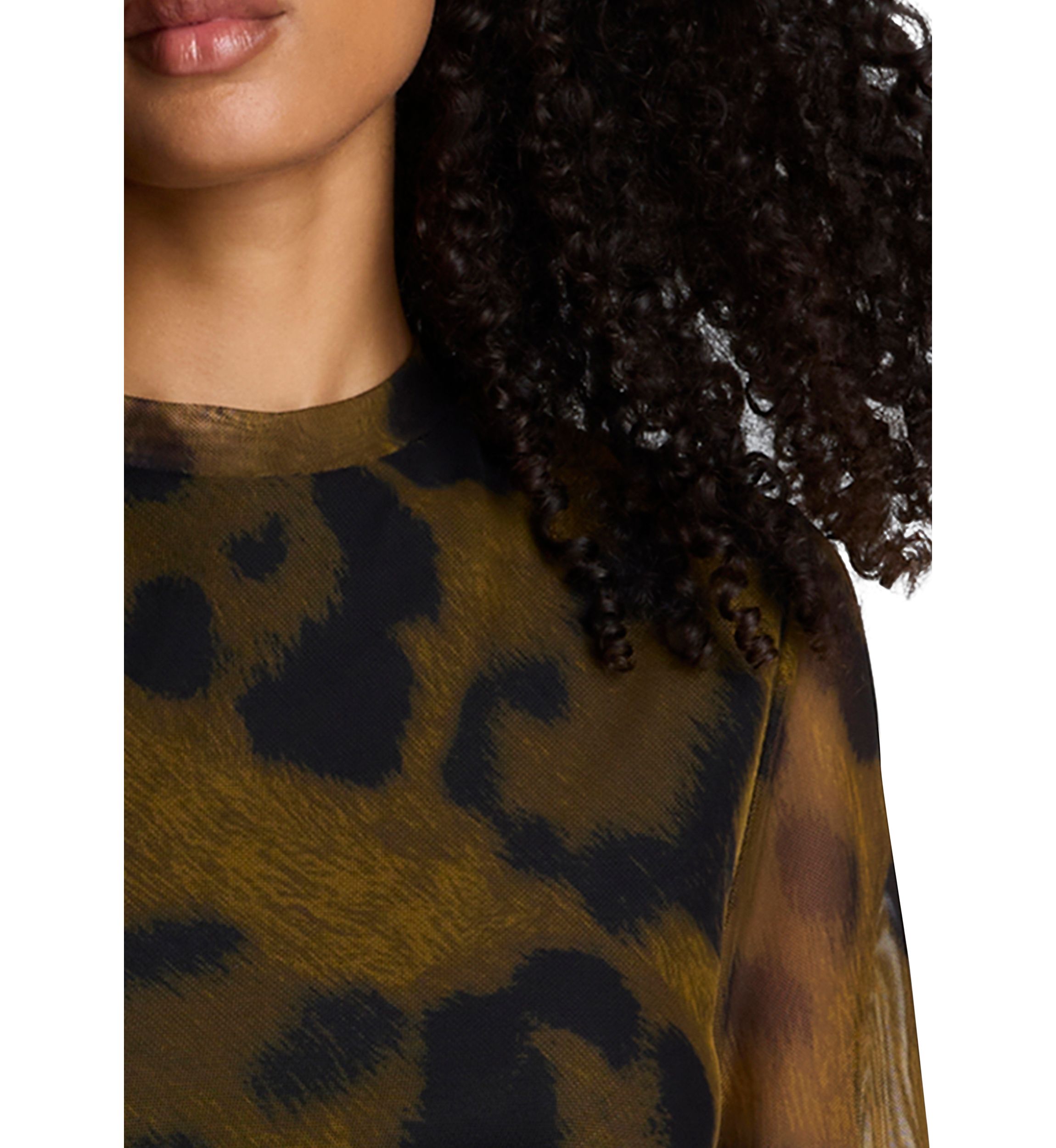 Womens Long Sleeve Animal Printed Mesh Midi Dress