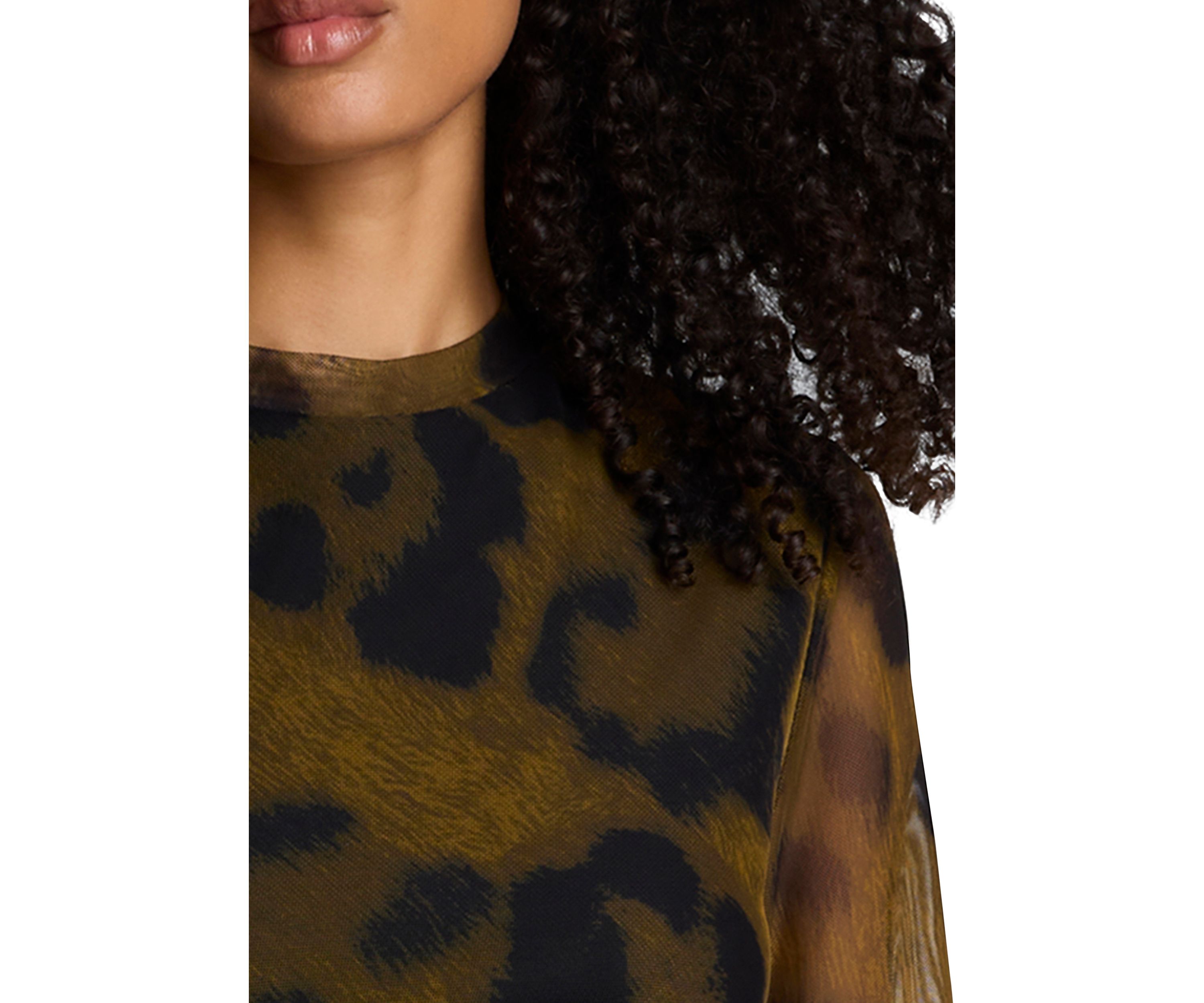Womens Long Sleeve Animal Printed Mesh Midi Dress