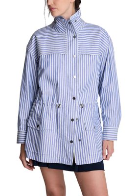 Kenneth Cole Women's Long Sleeve Funnel Neck Stripe Anorak, White, Large