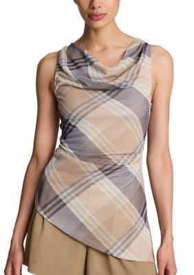 Kenneth Cole Women's Sleeveless Asymmetric Plaid Mesh Top, Large