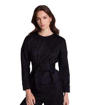 Kenneth Cole Women's Long Sleeve Belted Faux Suede Top, Black, XL