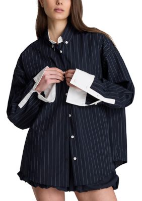 Kenneth Cole Women's Striped Oversized Shirt, White, Large
