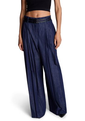 Kenneth Cole Women's High Rise Pleated Wide Leg Denim Pants, 4