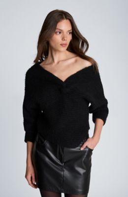 Kenneth Cole Women's Long Sleeve Twist Front Sweater, Black, XL
