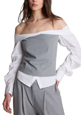 Kenneth Cole Women's Off Shoulder Pleated Sleeve Shirt with Bustier, White, 14