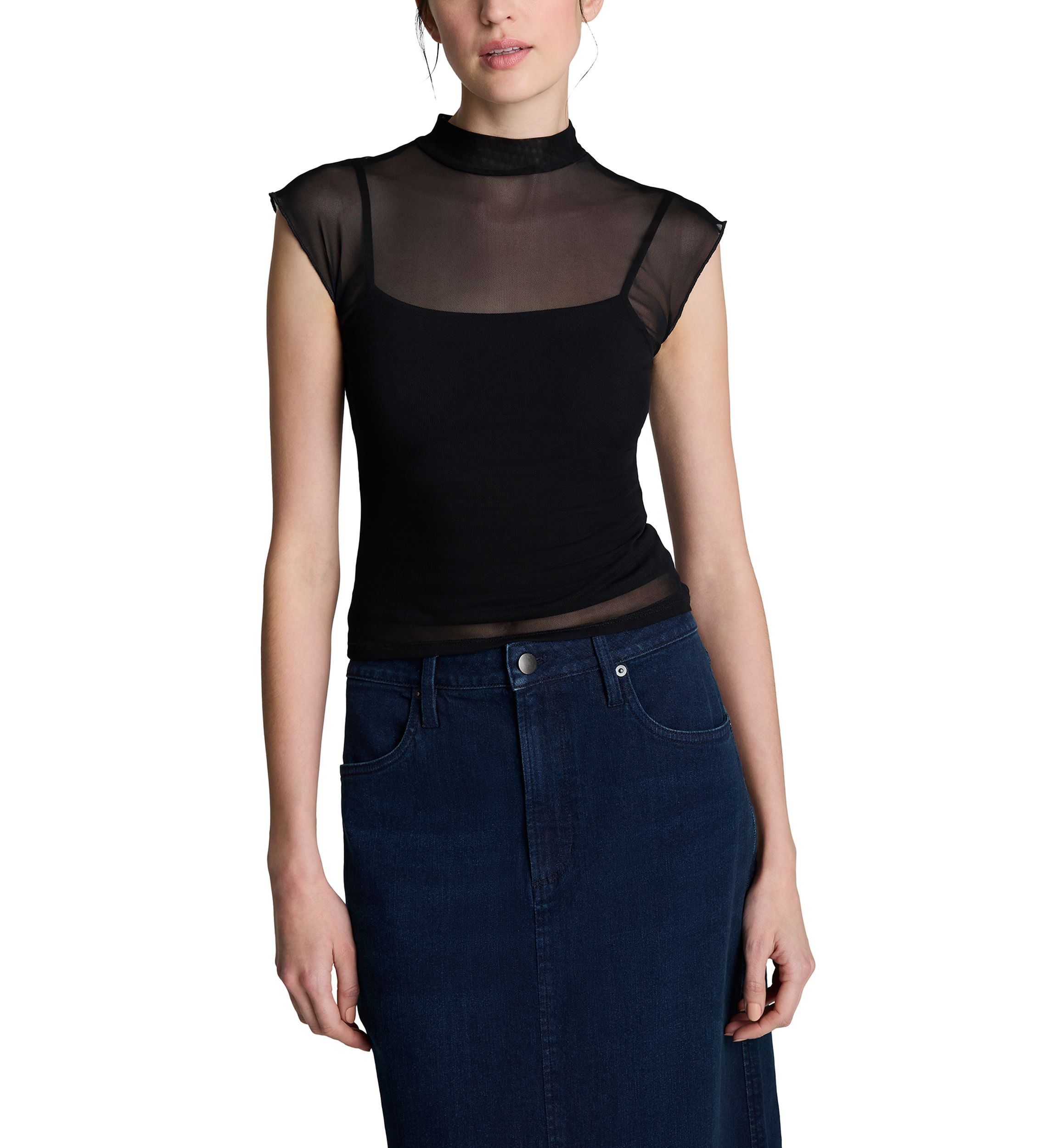 Womens Layered Mesh Mock Neck Top