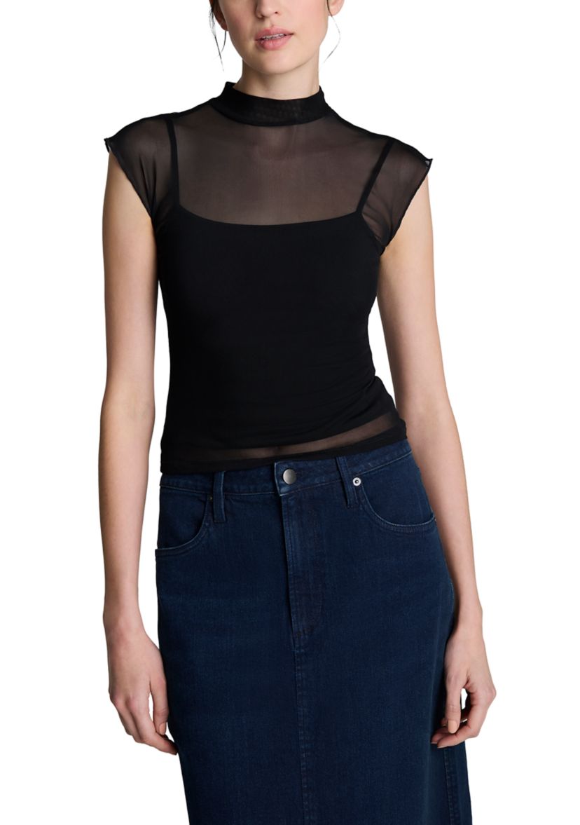 Womens Layered Mesh Mock Neck Top