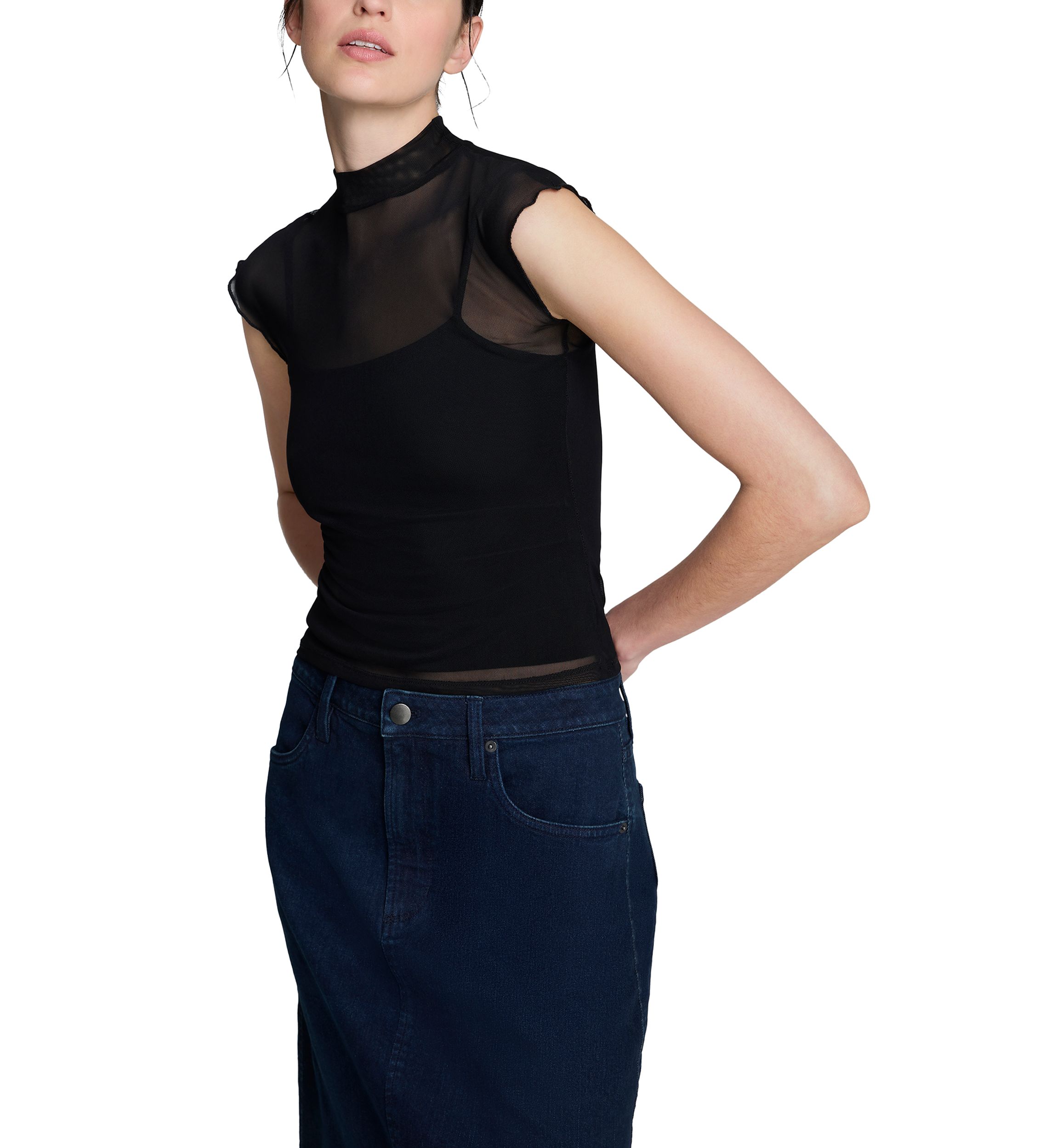 Womens Layered Mesh Mock Neck Top