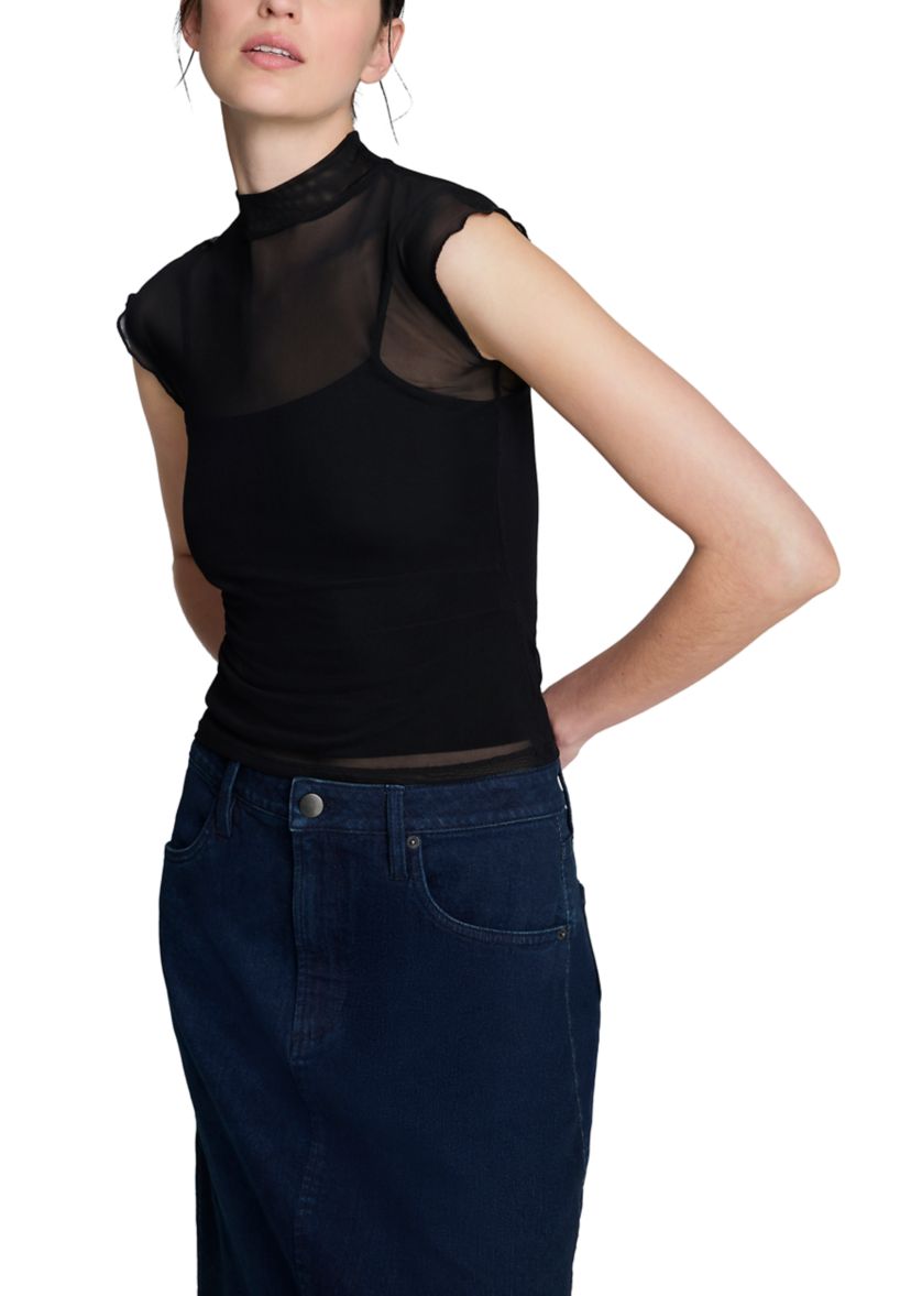 Womens Layered Mesh Mock Neck Top