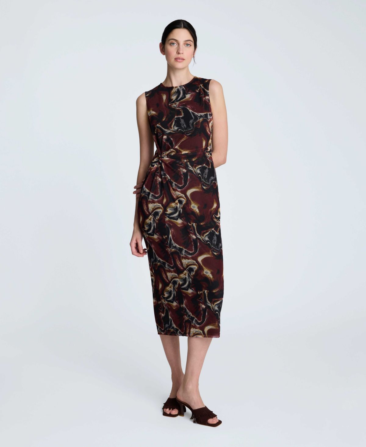 Printed Mesh Sleeveless Midi Dress