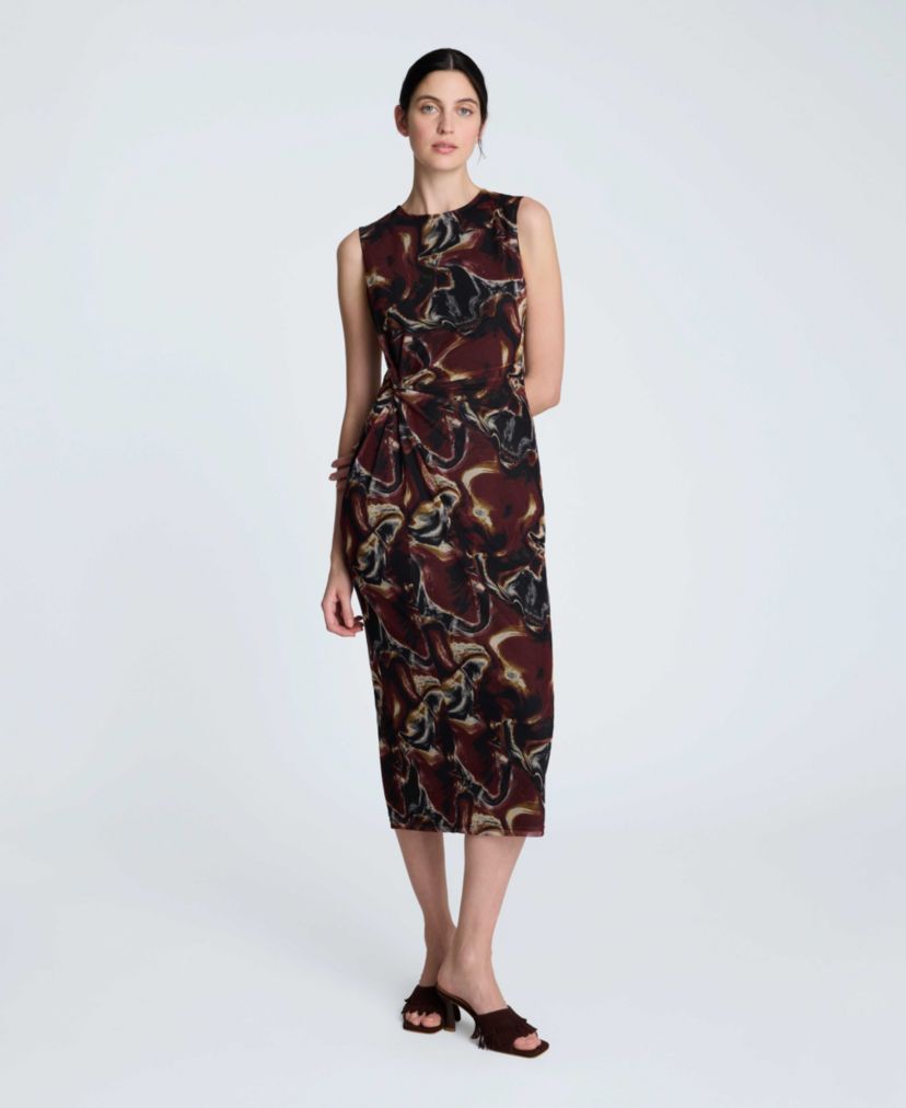 Printed Mesh Sleeveless Midi Dress