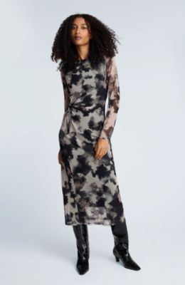 Kenneth Cole Women's Printed Mesh Long Sleeve Knot Midi Dress, Black, Medium