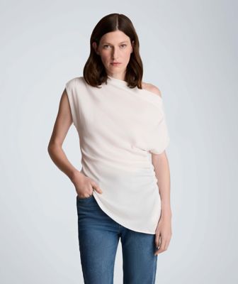 Kenneth Cole Women's Asymetric Drape Neck Top, White, XL