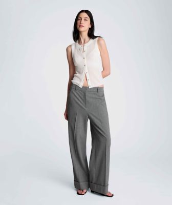 Kenneth Cole Women's High Rise Fly Front Wide Leg Pleated Cuffed Pant, White, 14
