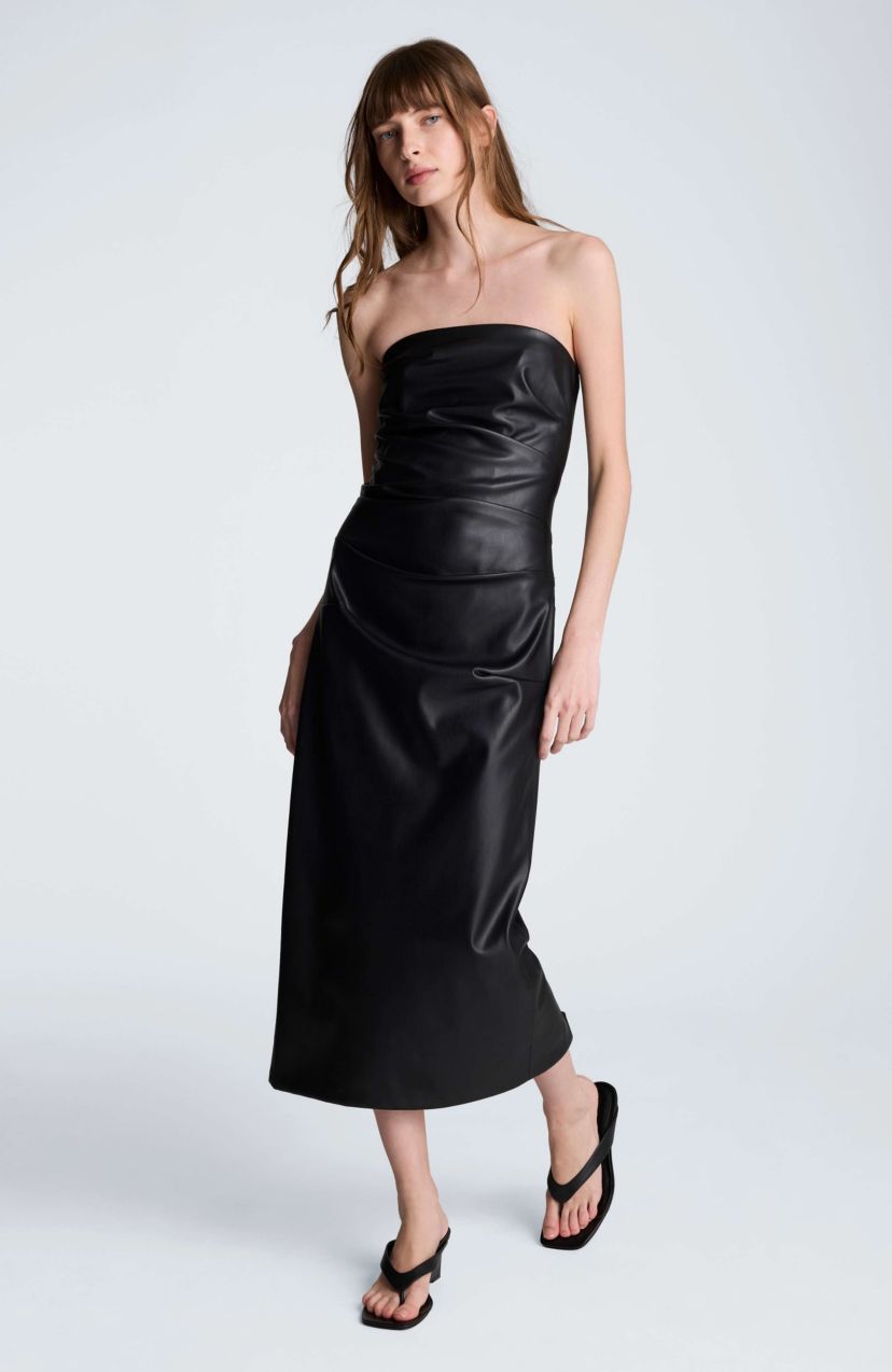 black leather strapless dress Kenneth Cole Style #:FALL2699 a chic waist belt luxury-fashion Off Shoulder Grace Dress